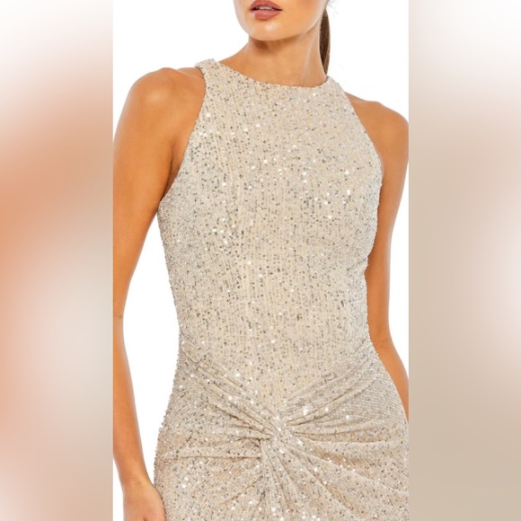 Ieena for Mac Duggal SEQUINED HIGH NECK SIDE KNOT GOWN in nude silver - Picture 2 of 11